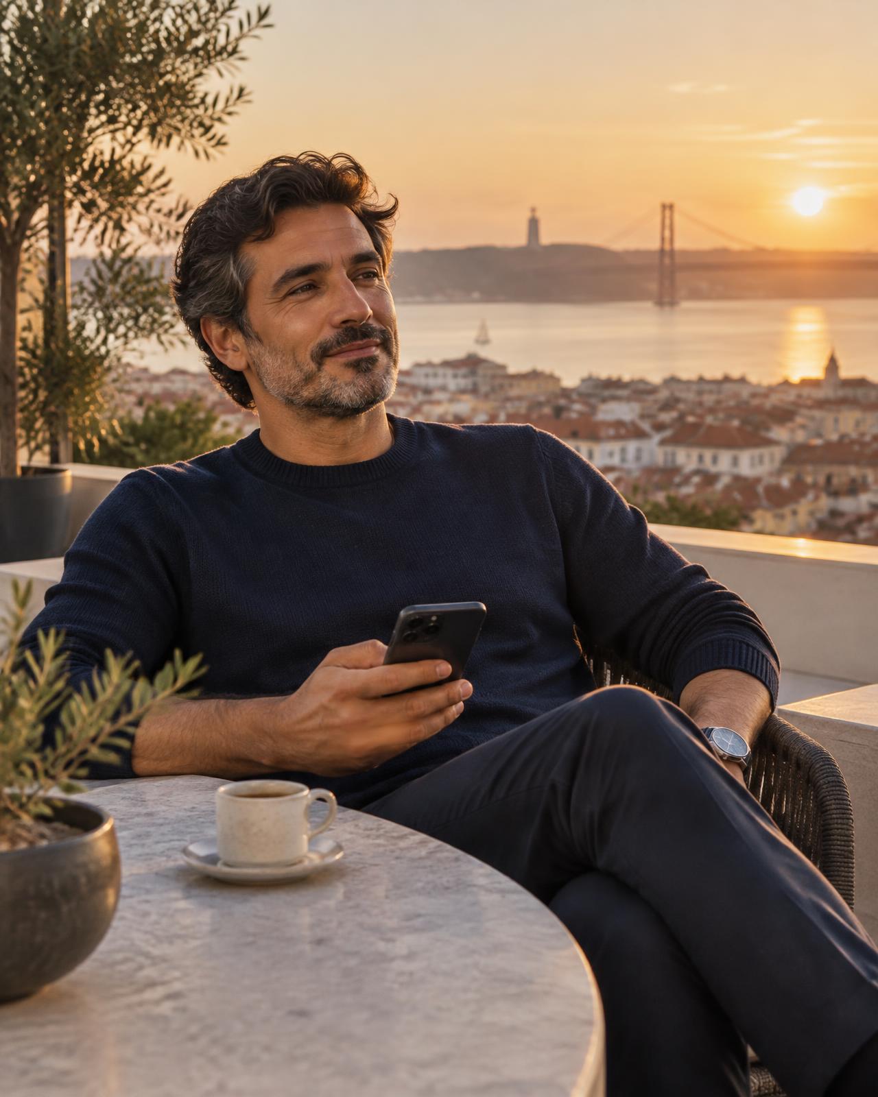 Investidor a descontrair num terraço com vista sobre Lisboa ao pôr do sol